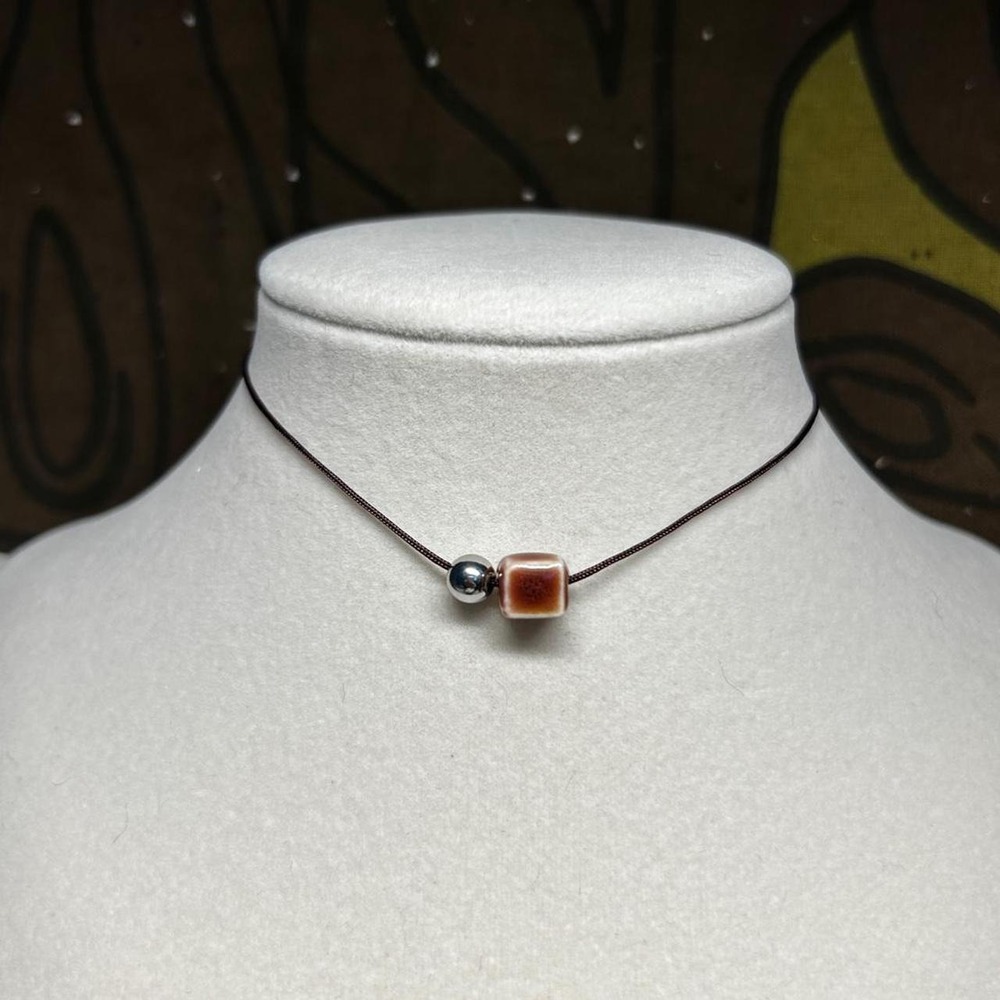 Dainty minimalist ceramic boho choker warm brown cord necklace stainless steel